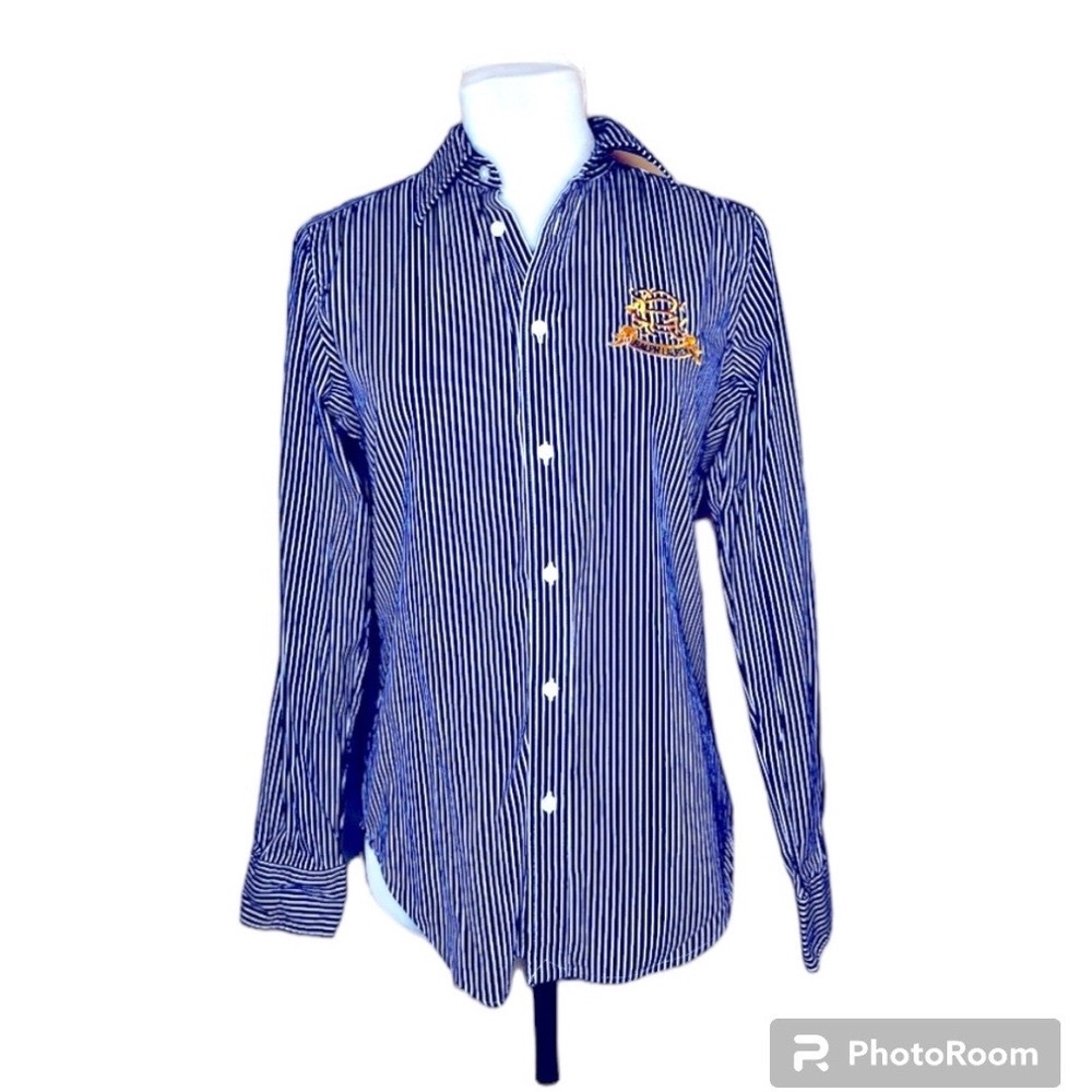 RALPH LAUREN SPORT EMBROIDERED CREST STRIPED BLOUSE white blue size 8